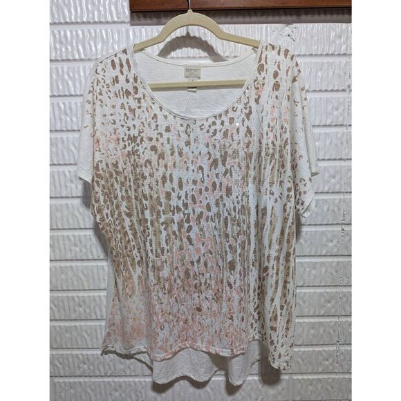 Zenergy by Chicos Womens Neutral Sequin Trim Leopard Ombre Tee Size 3 NWT $69.50 - Picture 1 of 6